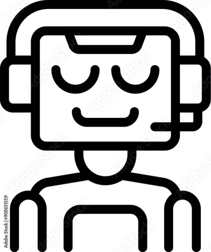 Simple chatbot line icon with a smiling face and closed eyes, wearing headphones