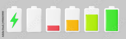 Battery charge indicators at different charge levels from empty to full. 3D realistic design. Vector illustration