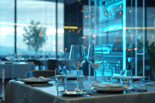 Futuristic elegant dinner table arrangement with a stunning illuminate city landscape view at high technology luxury restaurant. Love, romance date on vacation concept