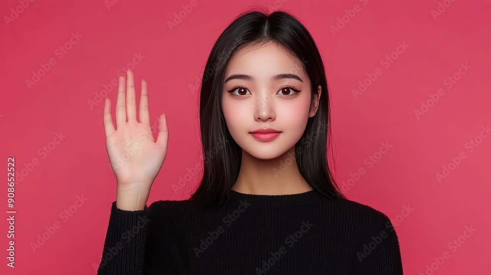 Beautiful Asian woman with a raised hand, perfect for product presentation. Beautiful Asian woman with a raised hand, perfect for product presentation.