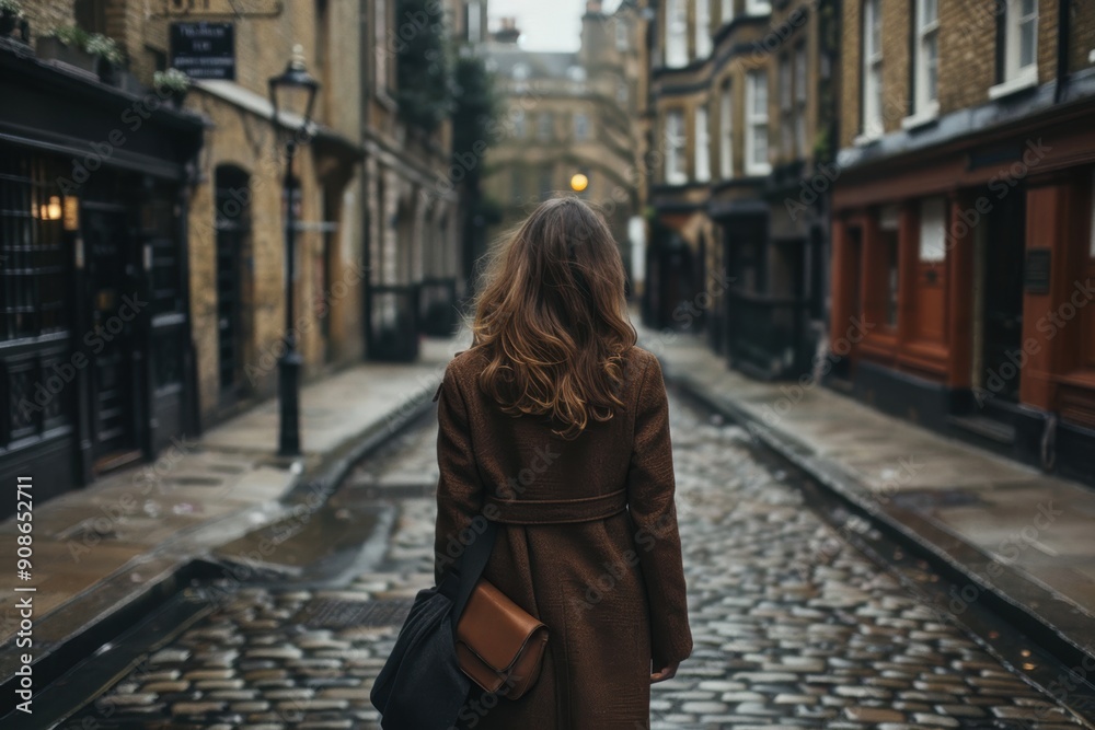 Fototapeta premium Stylish elegant woman in England with picturesque nature and historical architecture