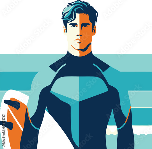Surfer in Wetsuit Holding Surfboard – Ocean Scene Illustration