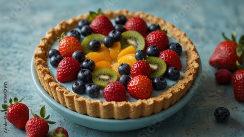 Fruit Tart with fresh strawberries, kiwis, blueberries, and raspberries