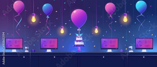 Colorful office birthday celebration with balloons and computers. Modern workspace decorated with lights for a festive atmosphere.