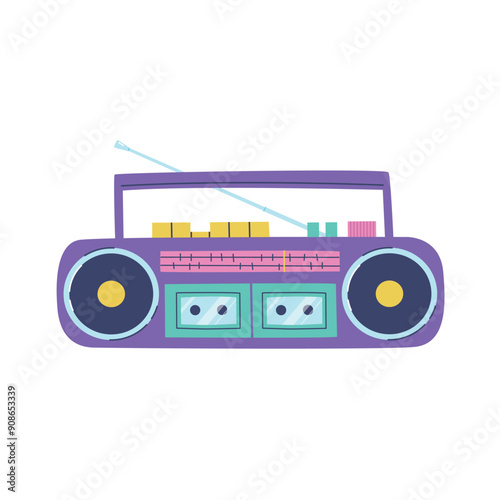 Vintage record player. Devices from the 1980s - 1990s. Portable retro cassette recorder. Old school boombox. Vector illustration