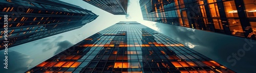 Wallpaper Mural A stunning low-angle view of modern skyscrapers reflecting evening light against a dramatic sky. Torontodigital.ca