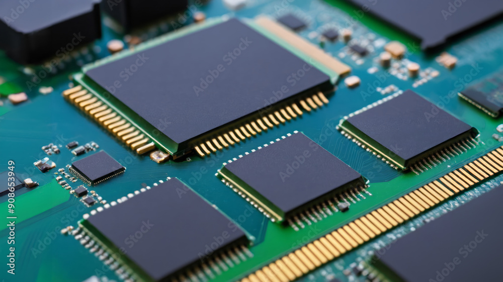 closeup on an advanced GPU ram microchip or cpu of a powerful computer board for artificial intelligence technology closeup on an advanced GPU ram microchip or cpu of a powerful computer board for artificial intelligence technology