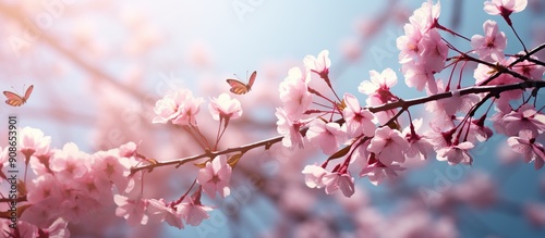 Cherry blossom branches blooming against a backdrop of blue skies and butterflies fluttering in the spring outdoors.