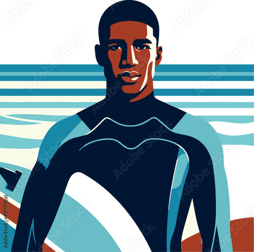 Surfer in Wetsuit Holding Surfboard – Ocean Scene Illustration