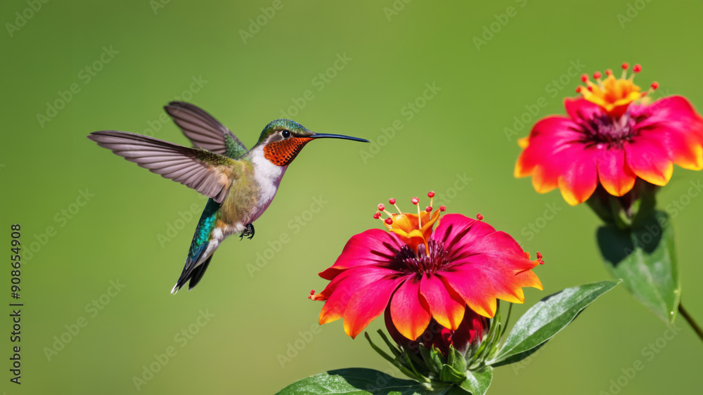 Fototapeta premium beautiful vibrant colored humming birds flying and aiming on a flower nectar
