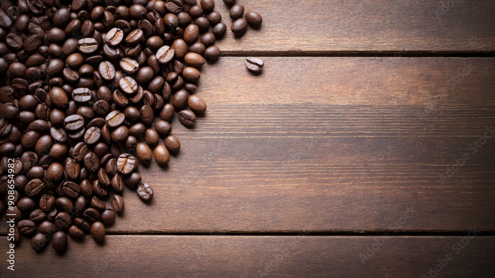 Beautiful photography shot of Coffee beans on wooden background with copy space