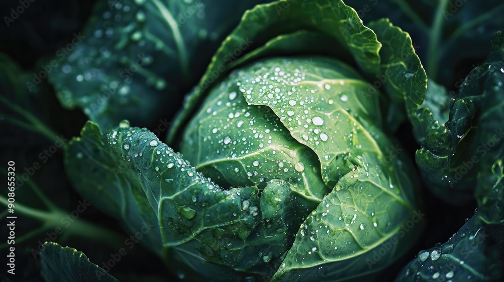 Fototapeta premium Close-up of a green cabbage with raindrops, showcasing its freshness