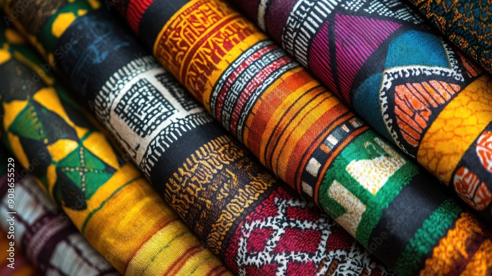Close-up of colorful African textiles, emphasizing their unique and beautiful patterns. Close-up of colorful African textiles, emphasizing their unique and beautiful patterns.