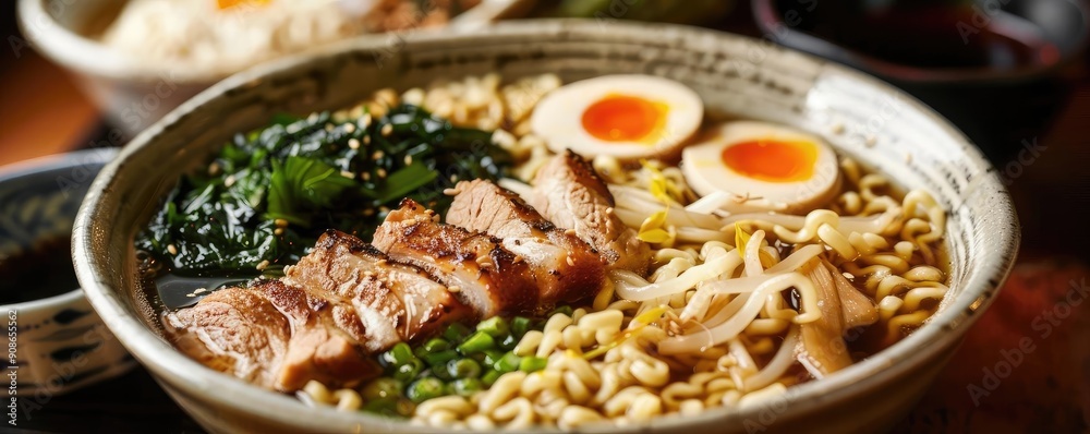 Delicious ramen bowl featuring tender meat, soft eggs, fresh greens, and savory broth, perfect for a comforting meal. Delicious ramen bowl featuring tender meat, soft eggs, fresh greens, and savory broth, perfect for a comforting meal.