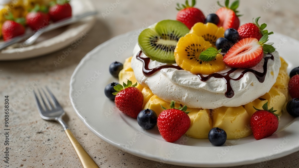 pavlova topped with whipped cream and fresh fruits pavlova topped with whipped cream and fresh fruits