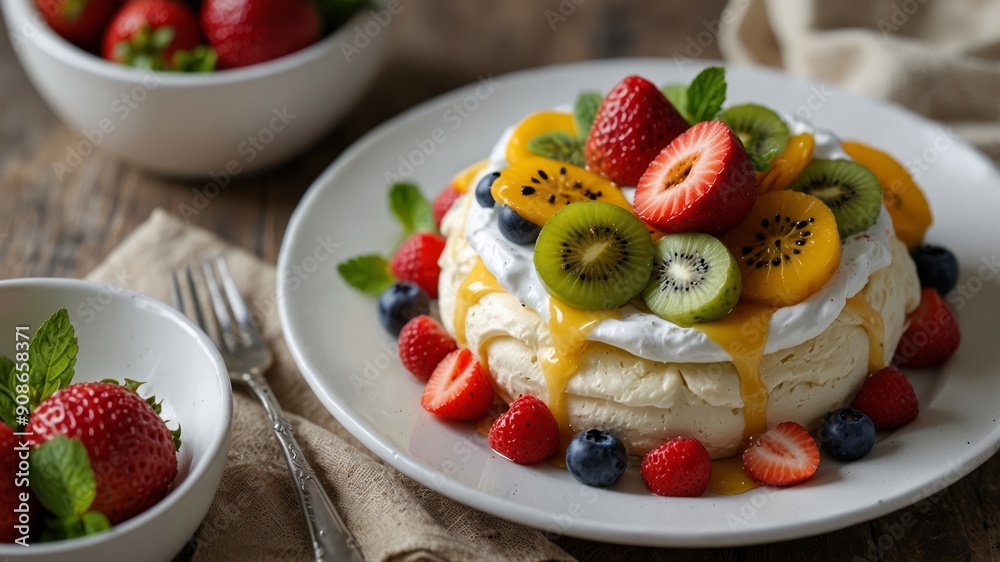 pavlova topped with whipped cream and fresh fruits pavlova topped with whipped cream and fresh fruits