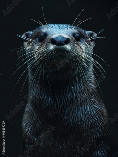 ntense Close-Up of a Wet Otter with Detailed Whiskers photo