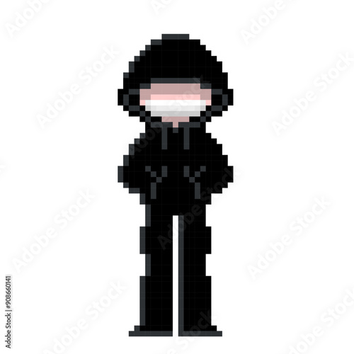 黒パーカーのフードを深くかぶったハッカー風怪しい人のかわいいドット絵マスク着用