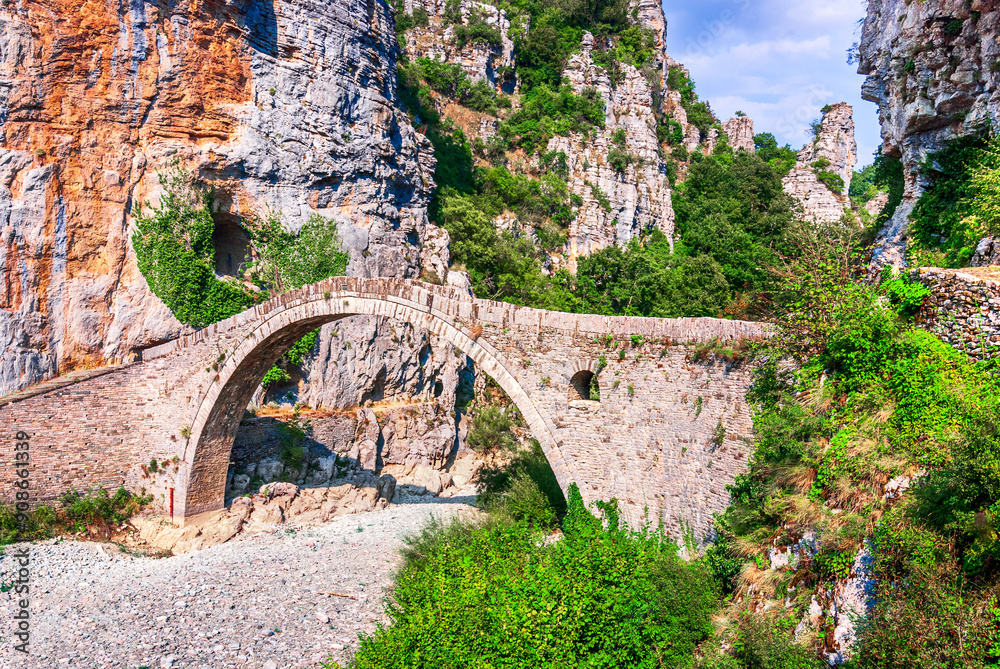 Zagori, Greece. Kokkorou Bridge, Vikos Aoos canyon region in Pindus Mountains, North Greece.