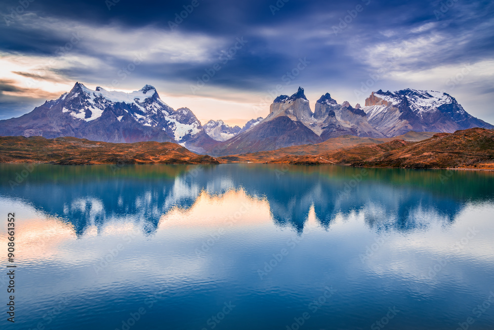 Torres del Paine, Chile. Los Cuernos and Lago Pehoe, famous travel landscape in Cordillera del Paine. Patagonia, South America.
