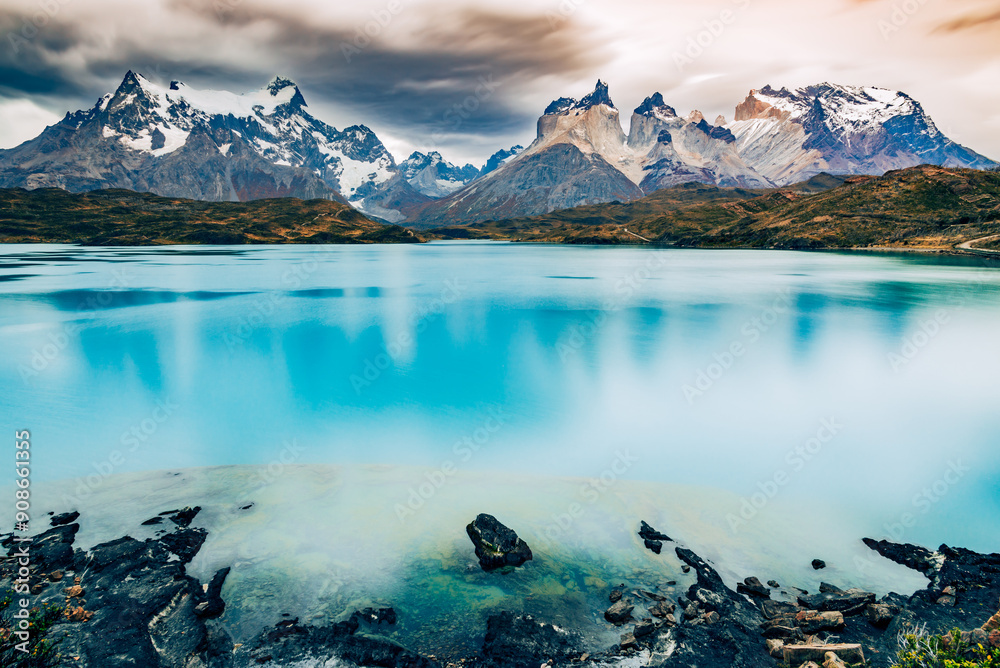 Torres del Paine, Patagonia. Cordillera del Paine and Lago Pehoe, famous travel landscape in Patagonia, South America.
