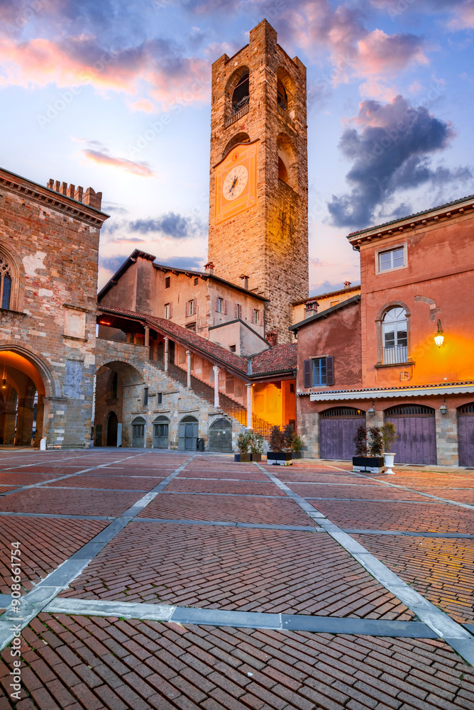 Bergamo, Italy - Piazza Vecchia in Citta Alta at dusk, beautiful historical town in Lombardy