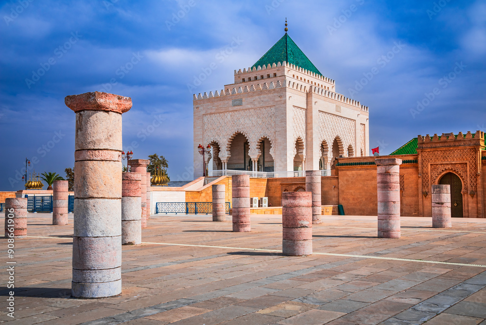 Rabat, Morocco. The Mausoleum of Mohammed V located across from the Hassan Tower.