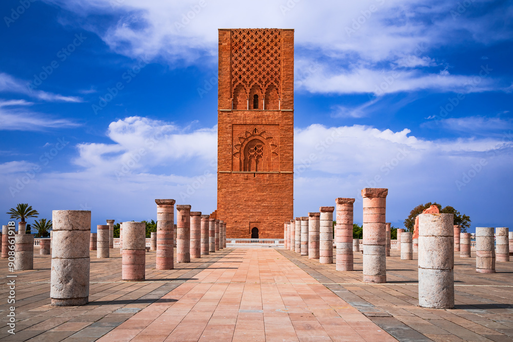 Rabat, Morocco. Hassan Tower, minaret of an incomplete mosque commissioned by Almohad Caliphate in 12th century.