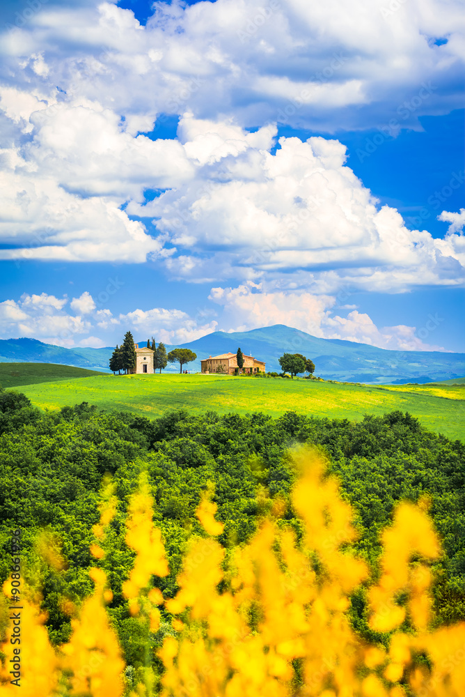 Val d'Orcia, Italy. Vitaleta Chapel (Cappella della Madonna di Vitaleta), San Quirico d'Orcia, Tuscany.