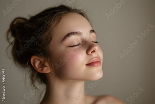 A close up of a girl's face with her eyes closed