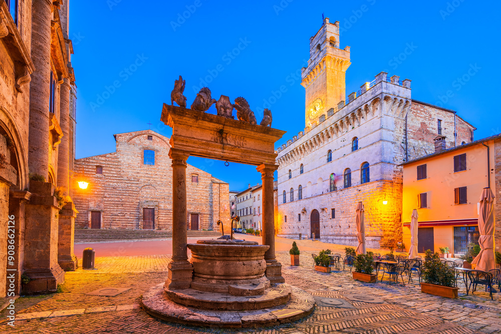 Montepulciano, Tuscany. Beautiful cityscape view on Piazza Grande with Town Hall, historical Italy small town.