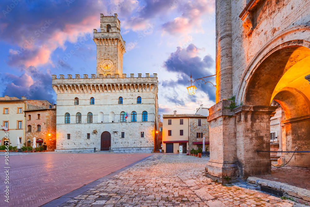 Montepulciano, Tuscany. Beautiful cityscape view on Piazza Grande with Town Hall, historical Italy small town.