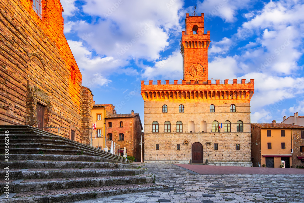 Montepulciano, Tuscany. Beautiful cityscape view on Piazza Grande and Town Hall, historical town in Italy.