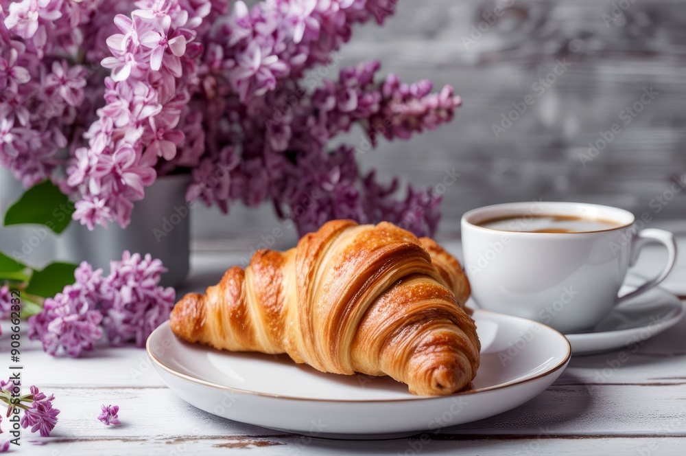 Croissant, dessert, cup of coffee, realistic studio photography, flyer, advertisement, advertisement, product demonstration, marketing, banner. Croissant, dessert, cup of coffee, realistic studio photography, flyer, advertisement, advertisement, product demonstration, marketing, banner.