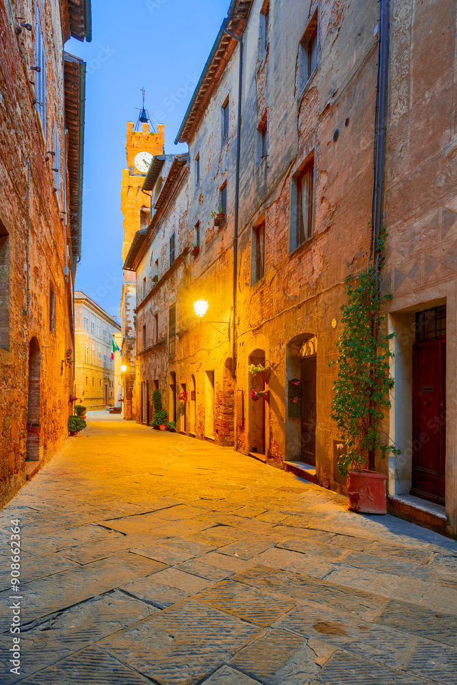 Pienza, Italy. City Hall and Corso il Rossellino, beautiful historical center of Comune di Pienza.