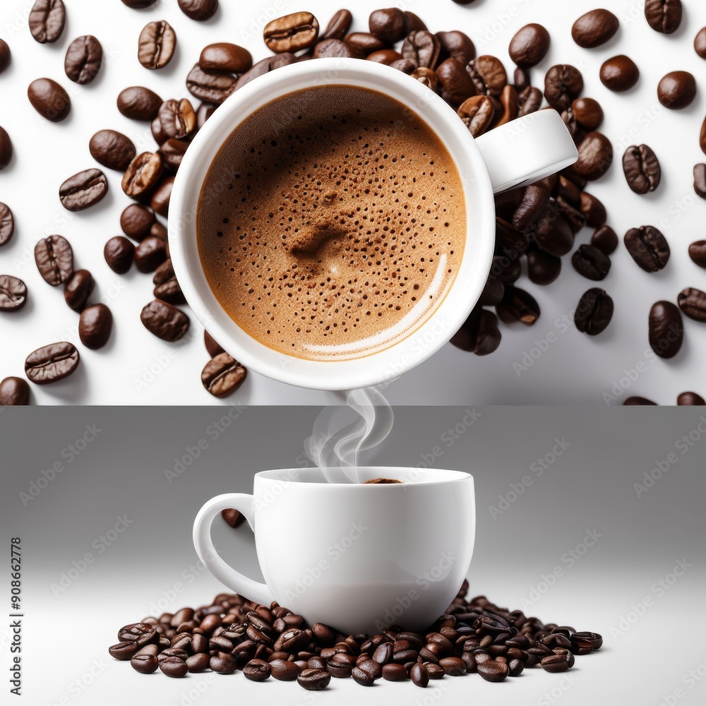 cup of coffee on the background of coffee beans, realistic studio photo, flyer, advertising, advertising, demonstration of goods, marketing, banner. cup of coffee on the background of coffee beans, realistic studio photo, flyer, advertising, advertising, demonstration of goods, marketing, banner.