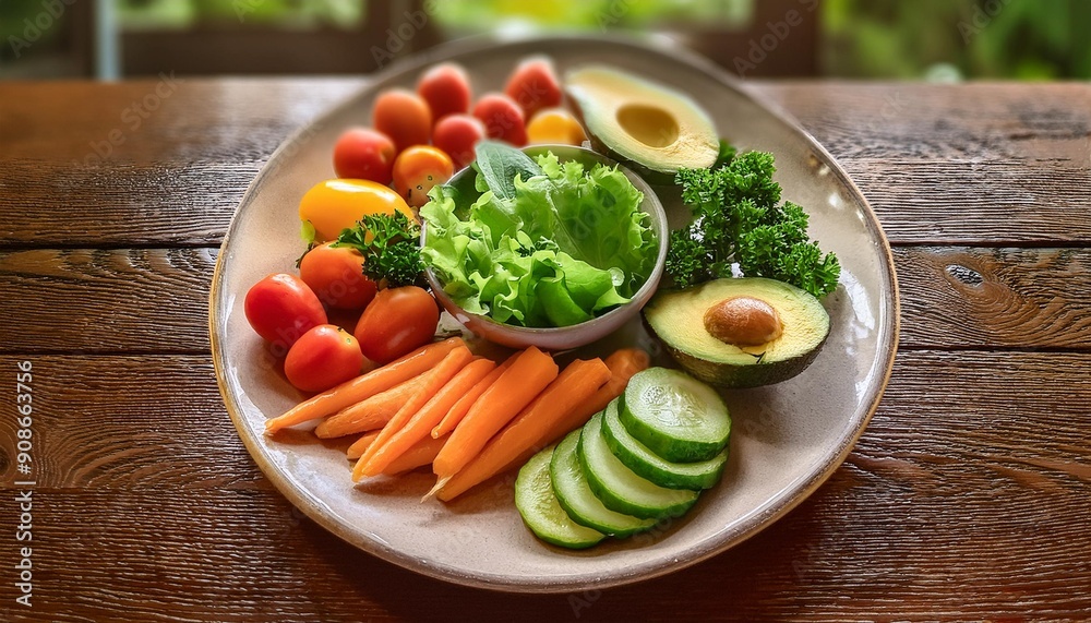 Ein Teller mit einer bunten Auswahl an frischen, gesunden Lebensmitteln, darunter Avocados, Tomaten, Gurken, Karotten und ein wenig grüner Salat, wird auf einem rustikalen Holztisch serviert. Ein Teller mit einer bunten Auswahl an frischen, gesunden Lebensmitteln, darunter Avocados, Tomaten, Gurken, Karotten und ein wenig grüner Salat, wird auf einem rustikalen Holztisch serviert.
