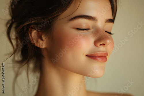 A close up of a girl's face with her eyes closed