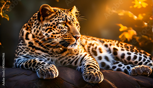 Leopard in a Calm and Relaxed Pose Close-Up During a Beautiful Sunset, Resting Gracefully on a Sunlit Rock