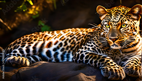 Leopard in a Calm and Relaxed Pose Close-Up During a Beautiful Sunset, Resting Gracefully on a Sunlit Rock photo