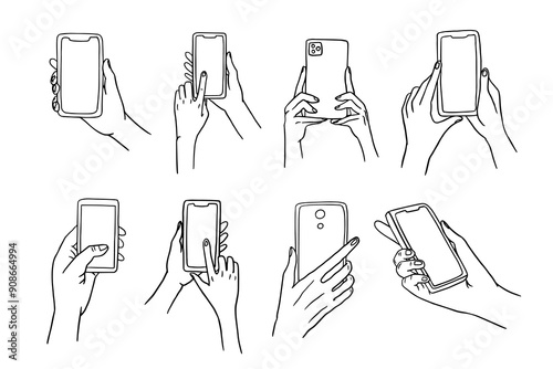 Set of phone in hand in doodle style. Office, home office, freelance work, coworking, teaching or studying at home. Working online.
