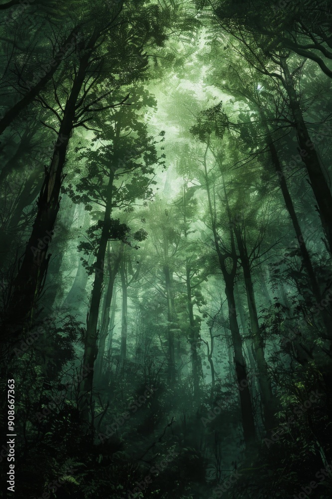 A dense, dark forest with towering trees that obscure the sky, creating an eerie atmosphere. A dense, dark forest with towering trees that obscure the sky, creating an eerie atmosphere.