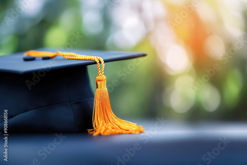 Black graduation cap with golden yellow tassel resting on chair