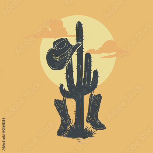 Cactus Silhouette at Sunset with Cowboy Hat and Boots Vector Illustration