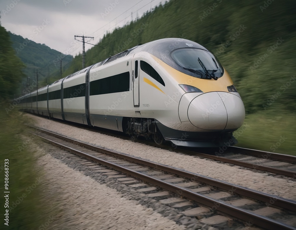 Fototapeta premium Modern high-speed train approaches to the station at spring morning time.