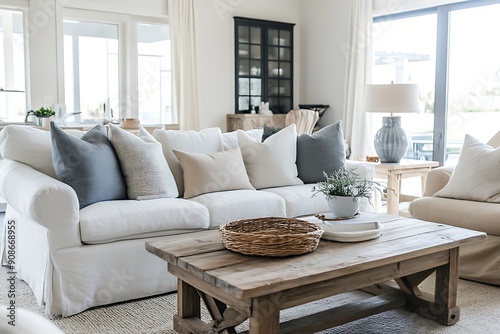 White Sofa with Pillows and Wooden Coffee Table in a Light and Airy Living Room