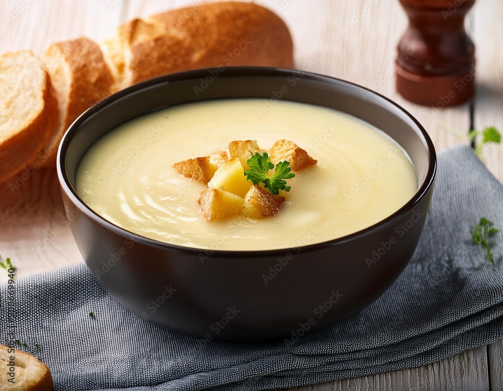 Kartoffel Cremesuppe, frisches Baguette, auf hellem Holztisch Kartoffel Cremesuppe, frisches Baguette, auf hellem Holztisch