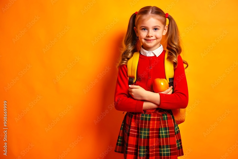 Happy smiling school girl in a suit with school bag ready to go to school, isolated on yellow background Happy smiling school girl in a suit with school bag ready to go to school, isolated on yellow background