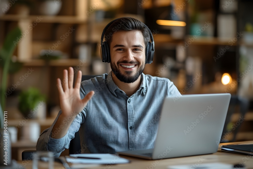 businessman wears headset smilingly talks to a video call on a laptop with waving hand. businessman connecting virtually with clients. virtual meetings, customer support