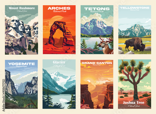 Vector illustration. Vintage National Park Posters, National Park Art Prints Nature Wall Art and Mountain Print Set Abstract Travel for Hikers Campers Living Room Decor.